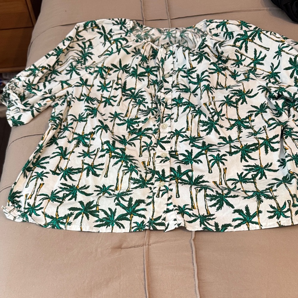 J. Crew Factory White and Green Palm Button Down Shirt